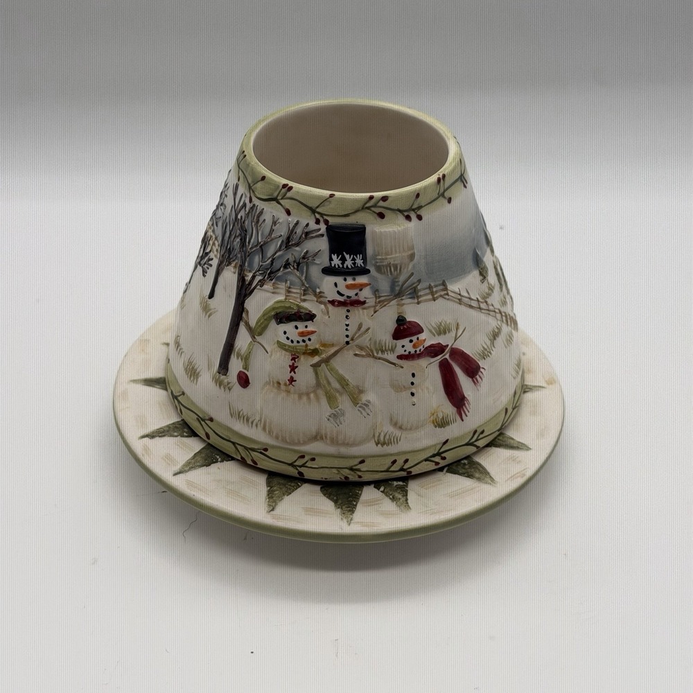 Yankee Retired Small Snowman Family Ceramic Plate & Shade Topper Set